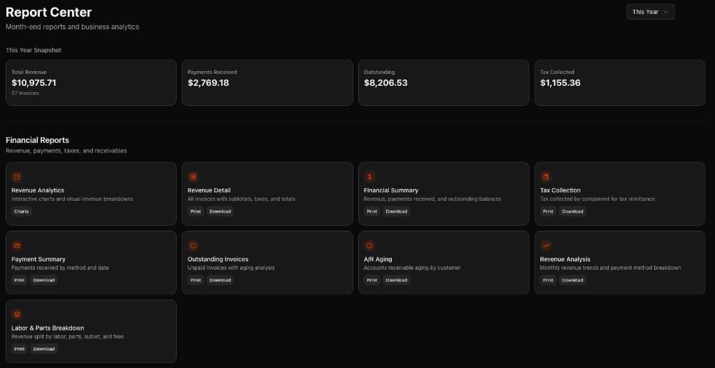 Auto Shop Manager — Report Center showing revenue, payments, outstanding balances, and report library