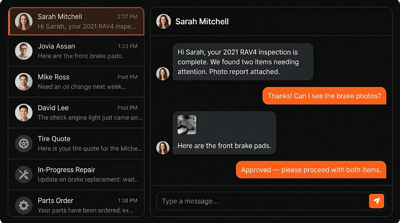 Two-column SMS conversation view inside Auto Shop Manager